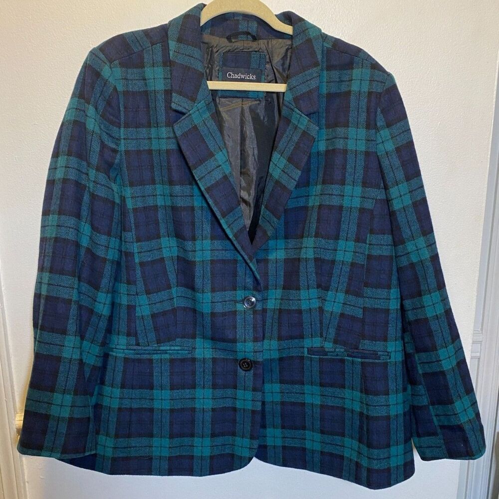 Preppy Chadwicks Wool Green Navy Plaid Blazer Retro Classic Lined Jacket 22W